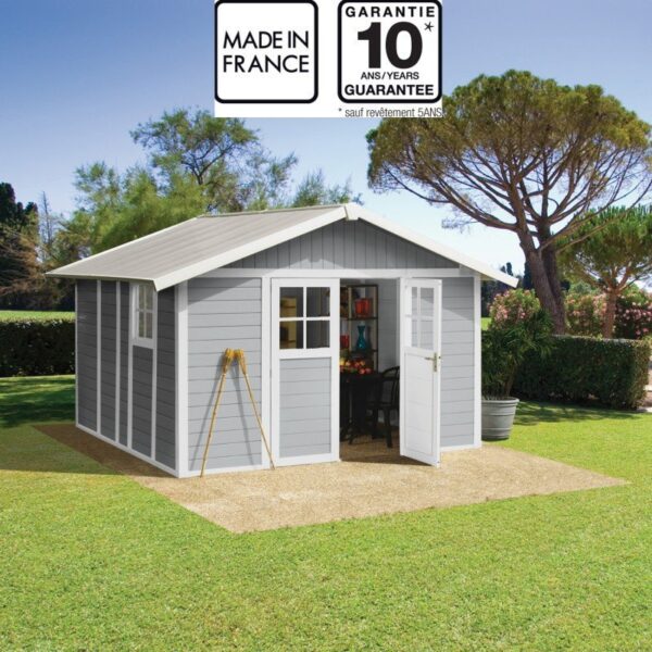 Abri de jardin en PVC 11,2m² DECO gris clair et blanc Grosfillex